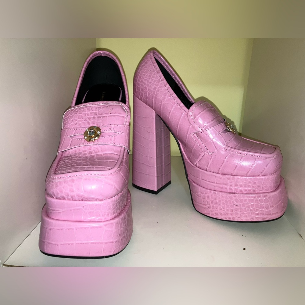 Spice Girl pink chunky super high platform loafer heels shoes sz 9 Easter Y2K